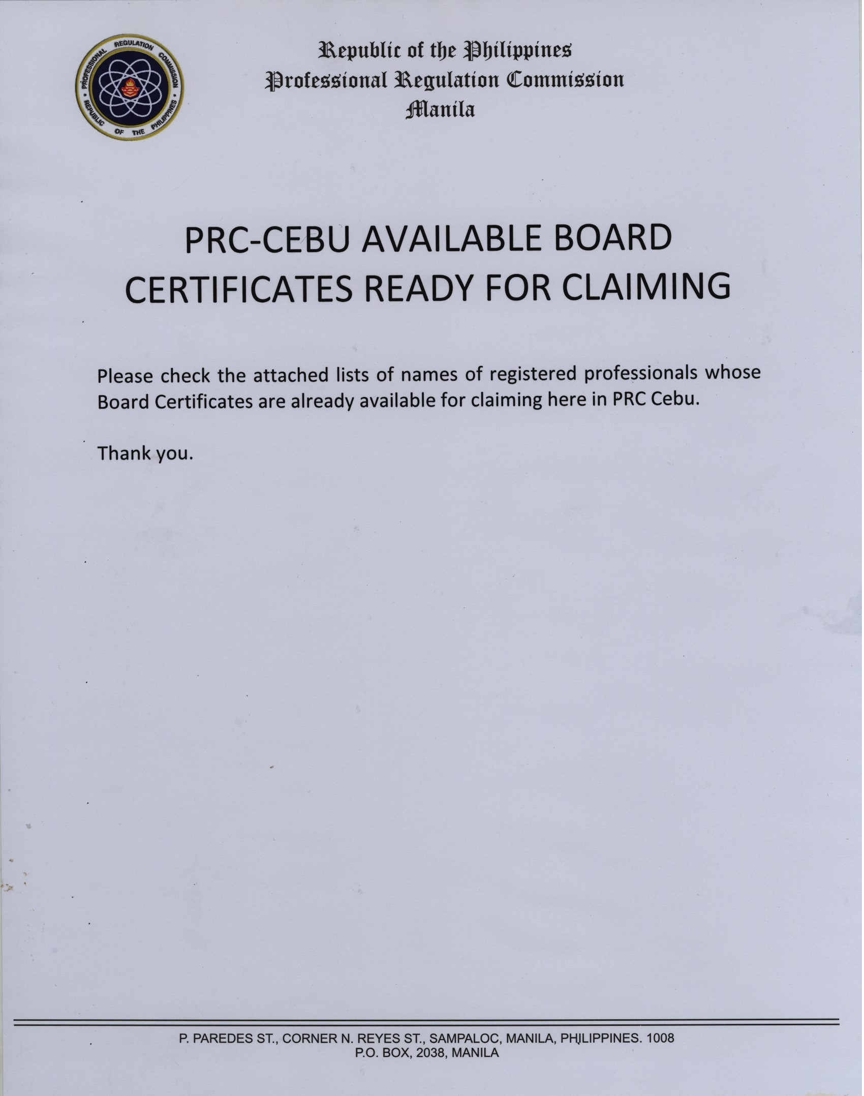 PRC-Cebu list of available Board Certificates for claiming ...